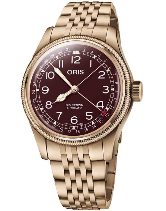 Oris Oris Big Crown Bronze Pointer Date 01 754 7741 3168-07 8 20 01  01 754 7741 3168-07 8 20 01 механические мужские часы бордовый циферблат, браслет бронза — вид спереди